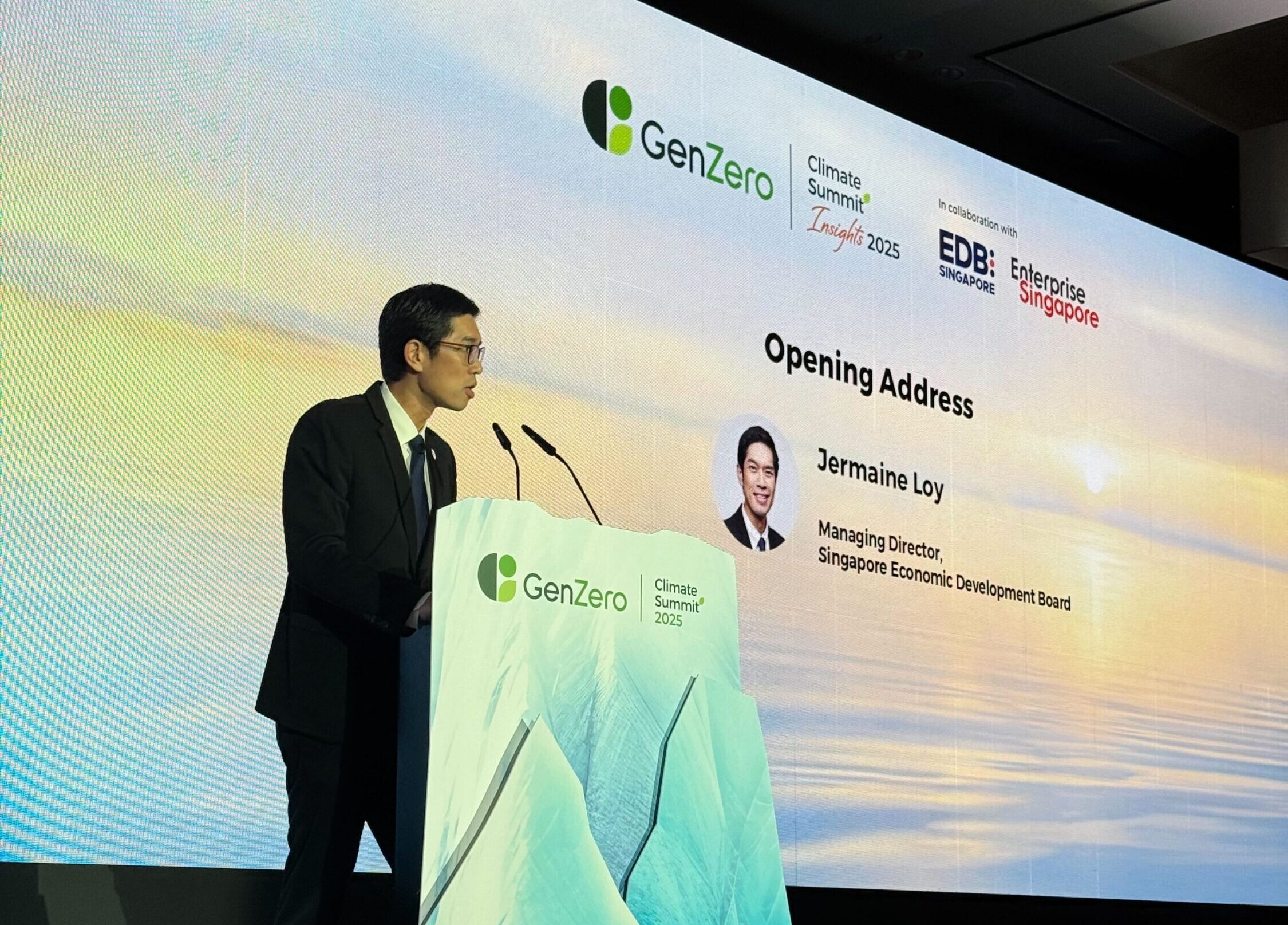 Jermain Loy, Managing Director, Singapore Economic Development Board giving the opening address of the GenZero Climate Summit 2025