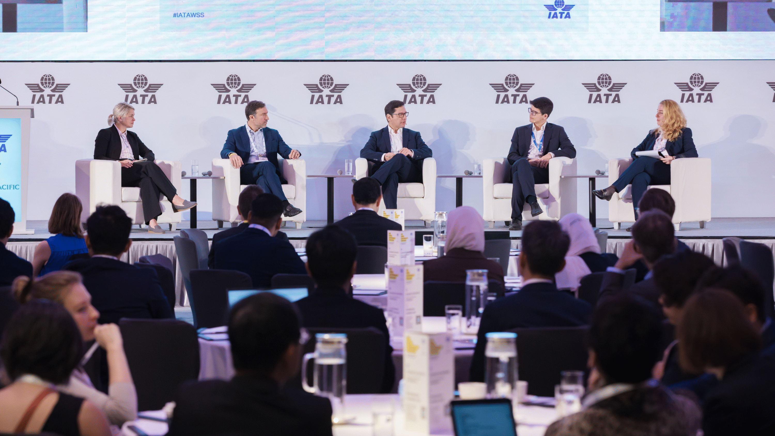 Abatable's Juan Carlos Arredondo Brun (centre) at IATA WSS's CORSIA panel alongside Molly Peters-Stanley, Senca Vantage LLC, Boris Hristov, KOKO, Rocco Huesch, Valor Carbon, and Judit Legrady, South Pole. Photo: IATA